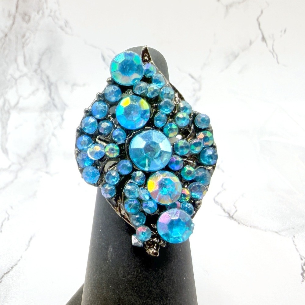 Blue AB Glass Statement Ring‎ Gunmetal Gray Adjustable Size 5.5–5.75 Dark Glam